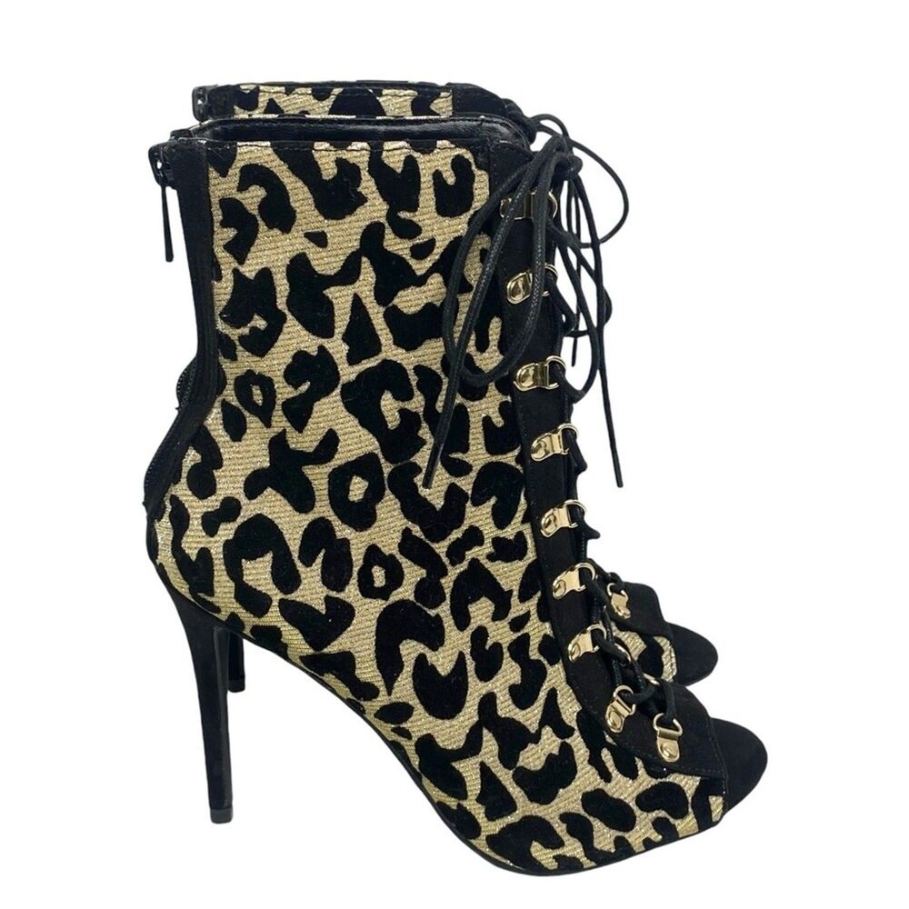 Anne Michelle Metallic Gold & Black Heel Ankle Booties Lace Up Peep Toe Size 7